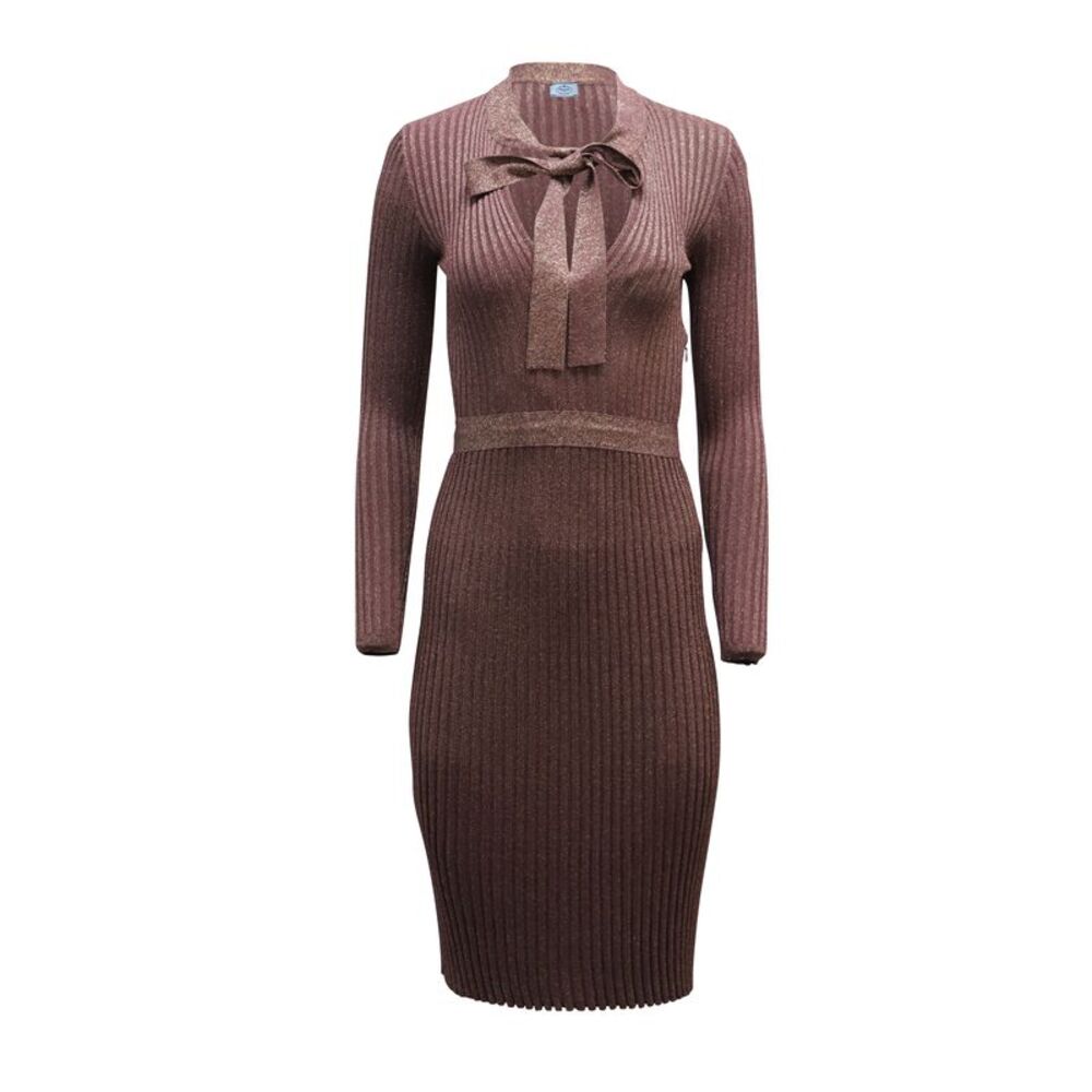 Prada Front Bow Ribbed Knit Midi Dress in Burgundy Polyester Viscose
